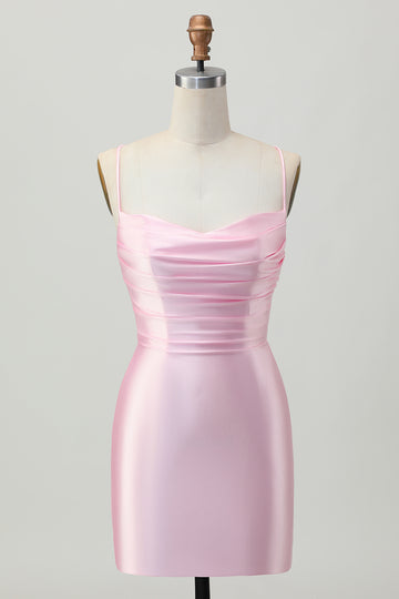 Blush Pink Bodycon Spaghetti Straps Short Homecoming Dress with Lace Up Back